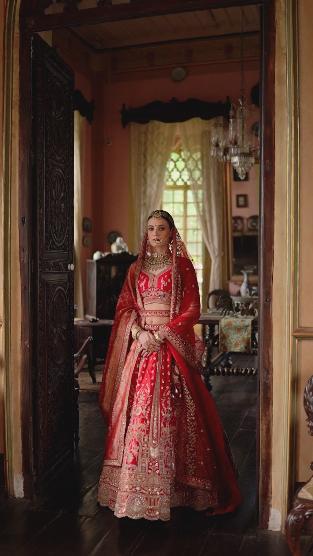 Nayoora Luxe Royal Crimson Red Heritage Deer Motif Double Dupatta Bridal Lehenga