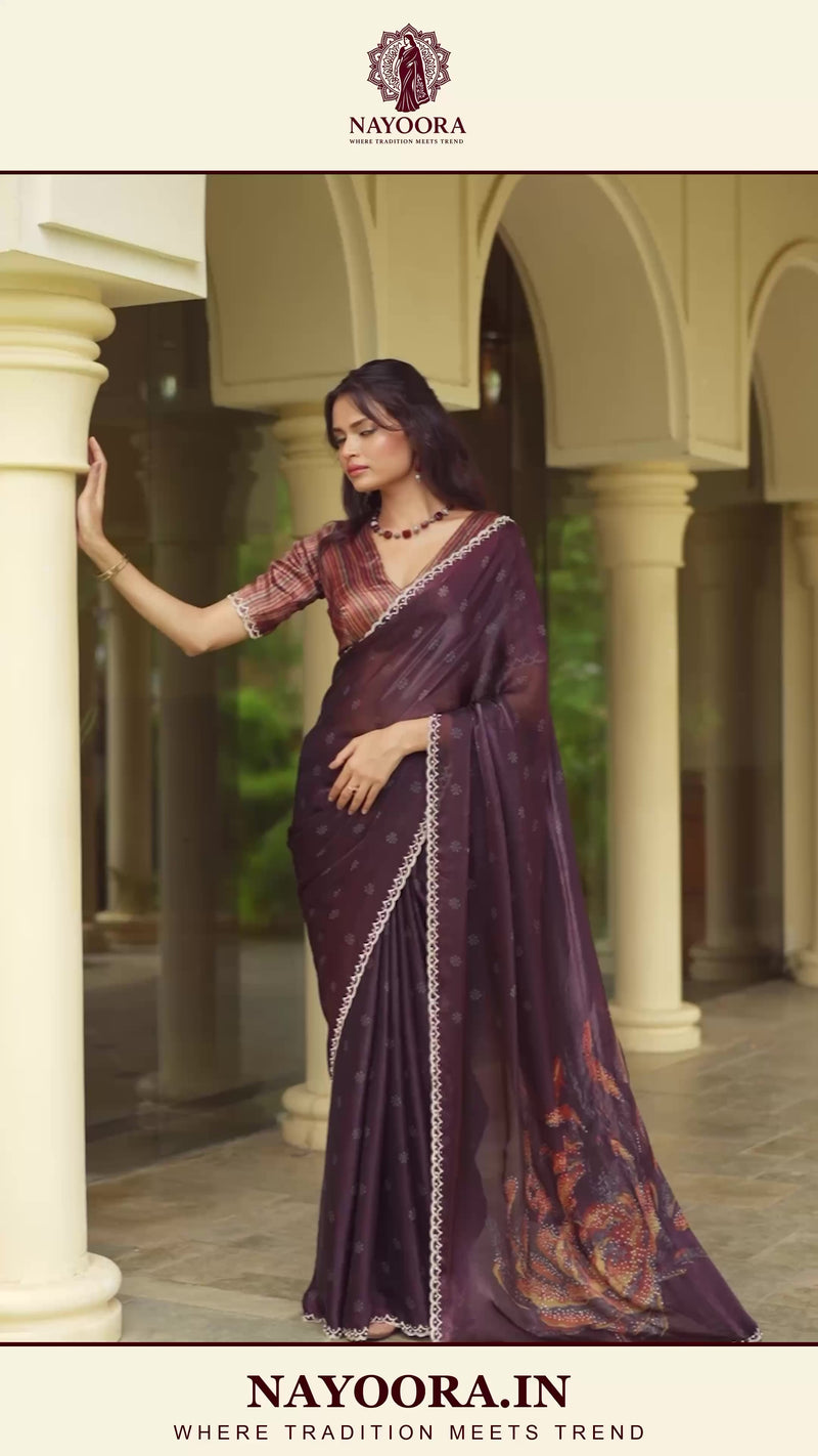 Nayoora Aubergine Plum Floral Two-Tone Satin Silk Saree