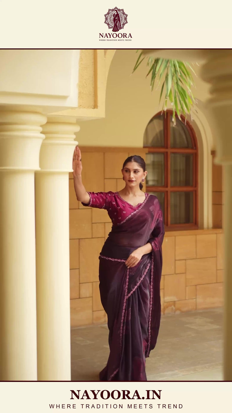 Nayoora Wine Plum Floral Pearl-Embellished Satin Silk Saree