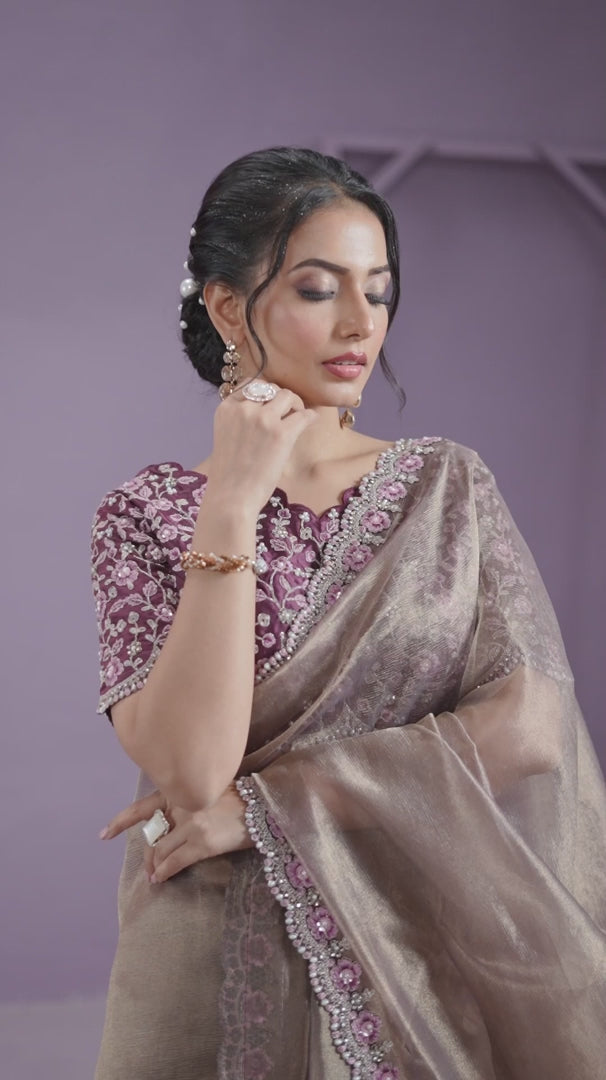 Nayoora Luxe Bronze Shimmer & Wine Velvet Couture Saree