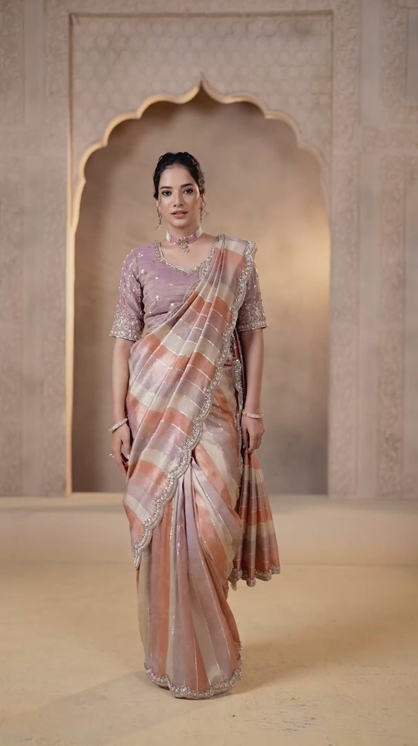 Nayoora Luxe Metallic Pastel Multi-Stripe Scalloped Silk Saree