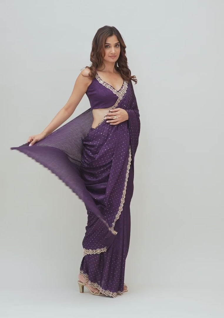 Nayoora Deep Purple Jimmy Choo Saree – Real Gold Mirror Work