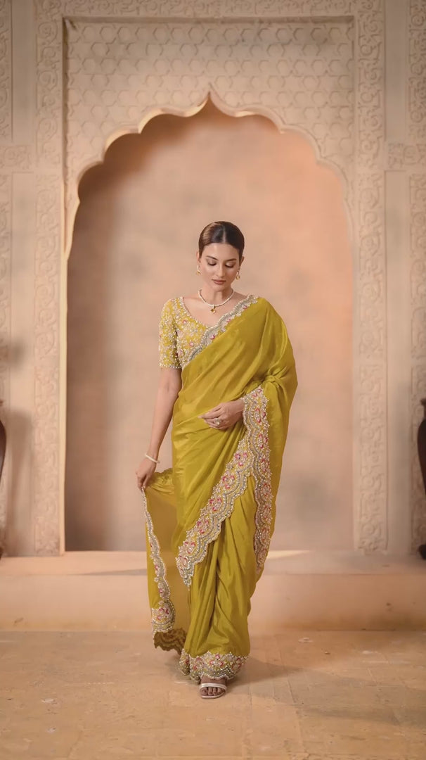 Nayoora Luxe Vibrant Yellow Scalloped Tissue Silk Saree