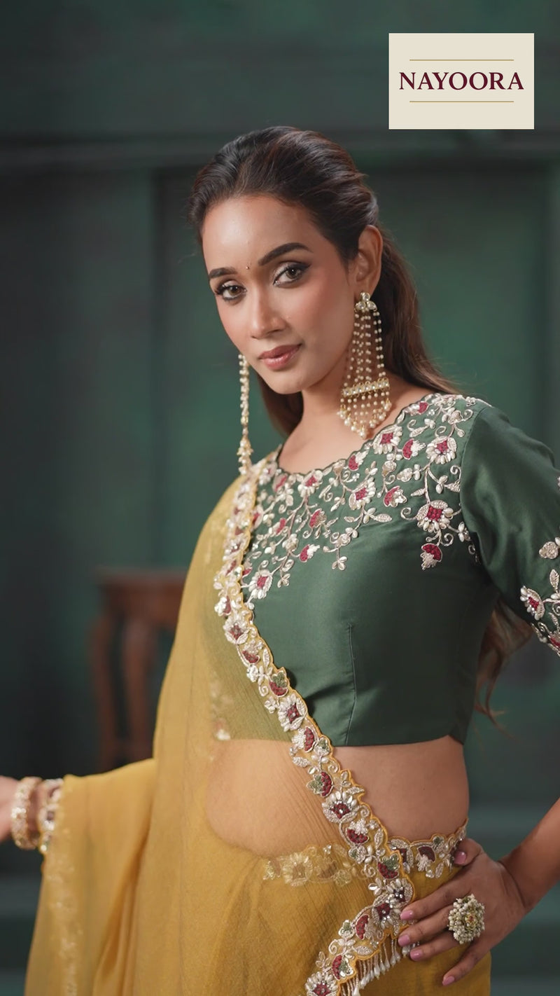 Nayoora Golden Mustard Zari Organza Satin Saree with Embroidered Blouse