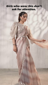 Nayoora Luxe Rose Gold Metallic Ready-to-Wear Balloon Sleeve Saree