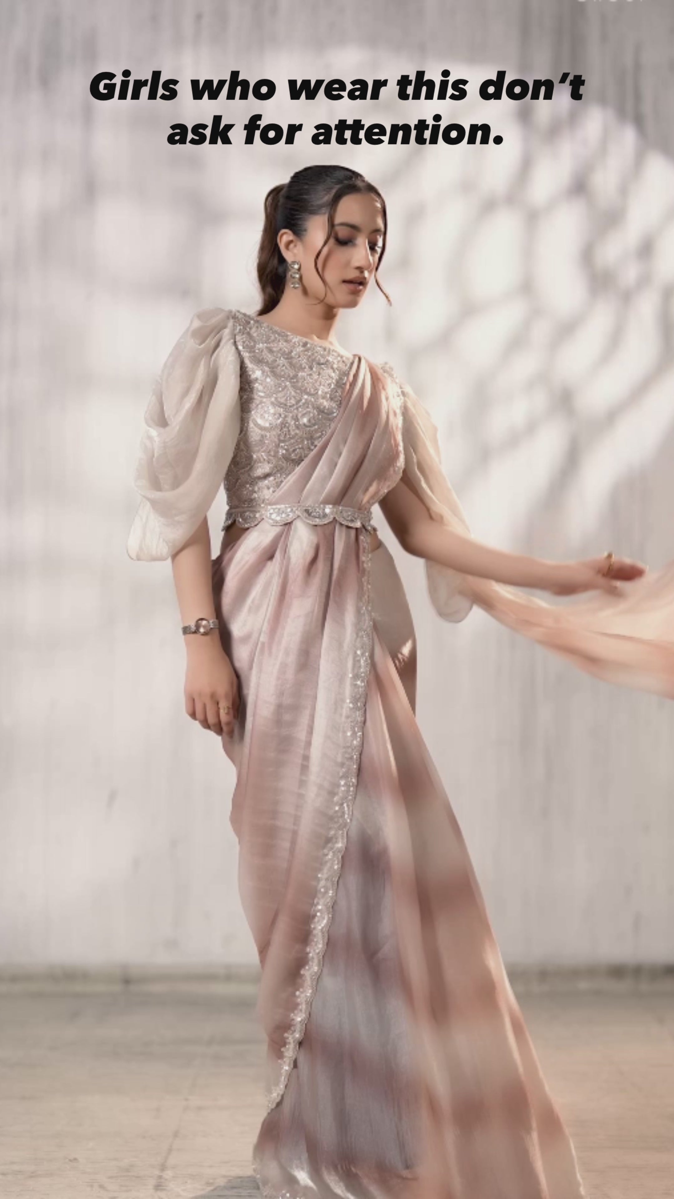 Nayoora Luxe Rose Gold Metallic Ready-to-Wear Balloon Sleeve Saree