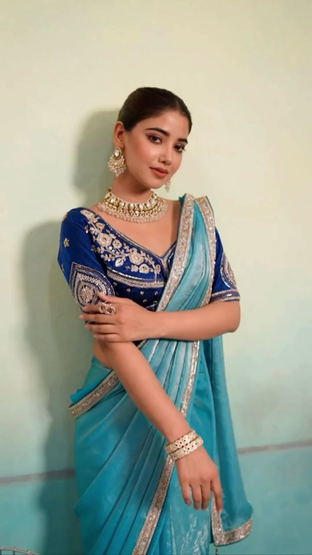 Nayoora Turquoise Blue Velvet Satin Embroidered Designer Saree