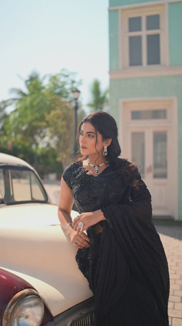 Nayoora Midnight Black Armani Tulle Saree with Pure Beadwork & Floral Applique
