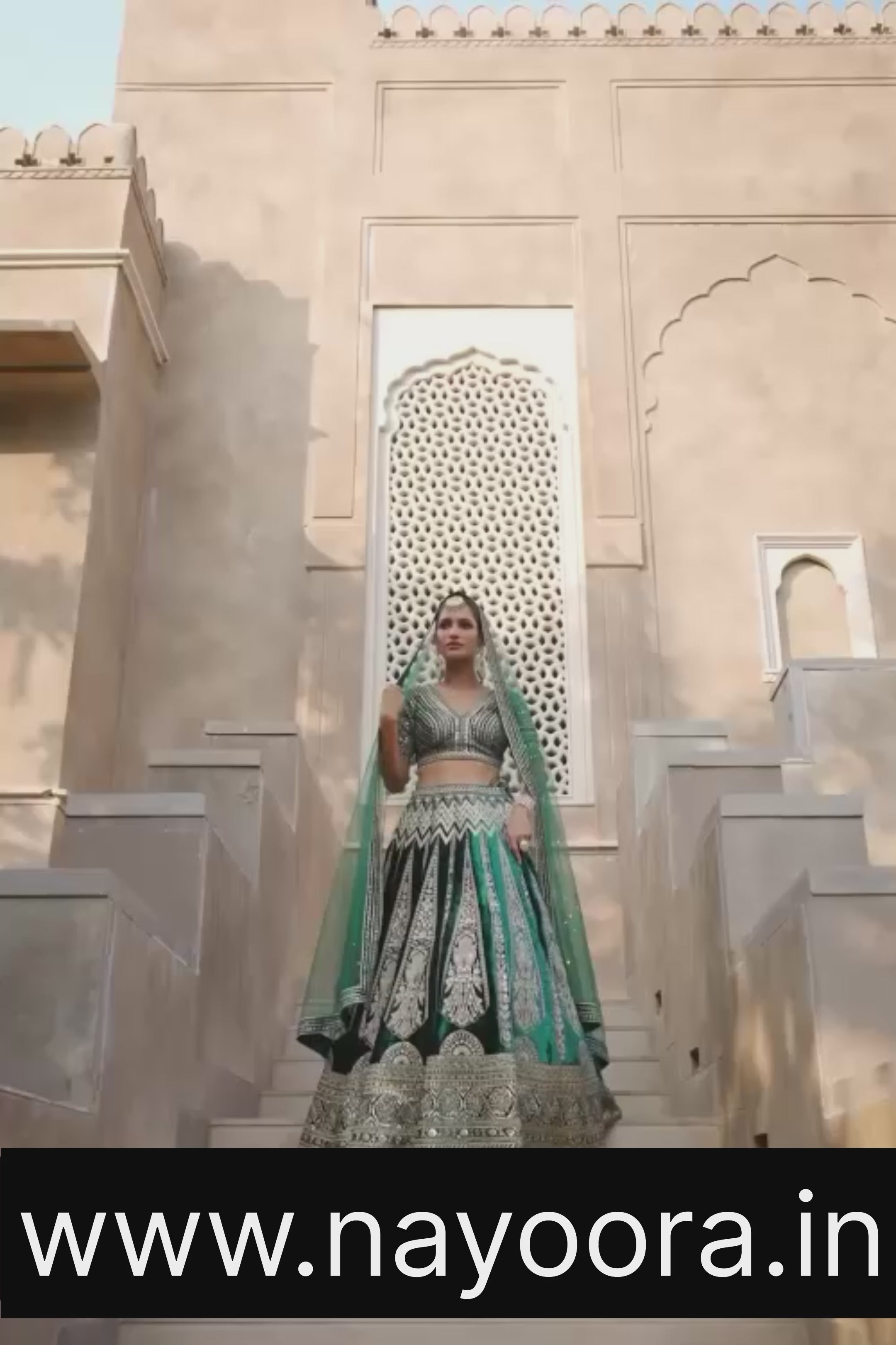 Nayoora Heritage Emerald Velvet Hand-Embellished Bridal Lehenga