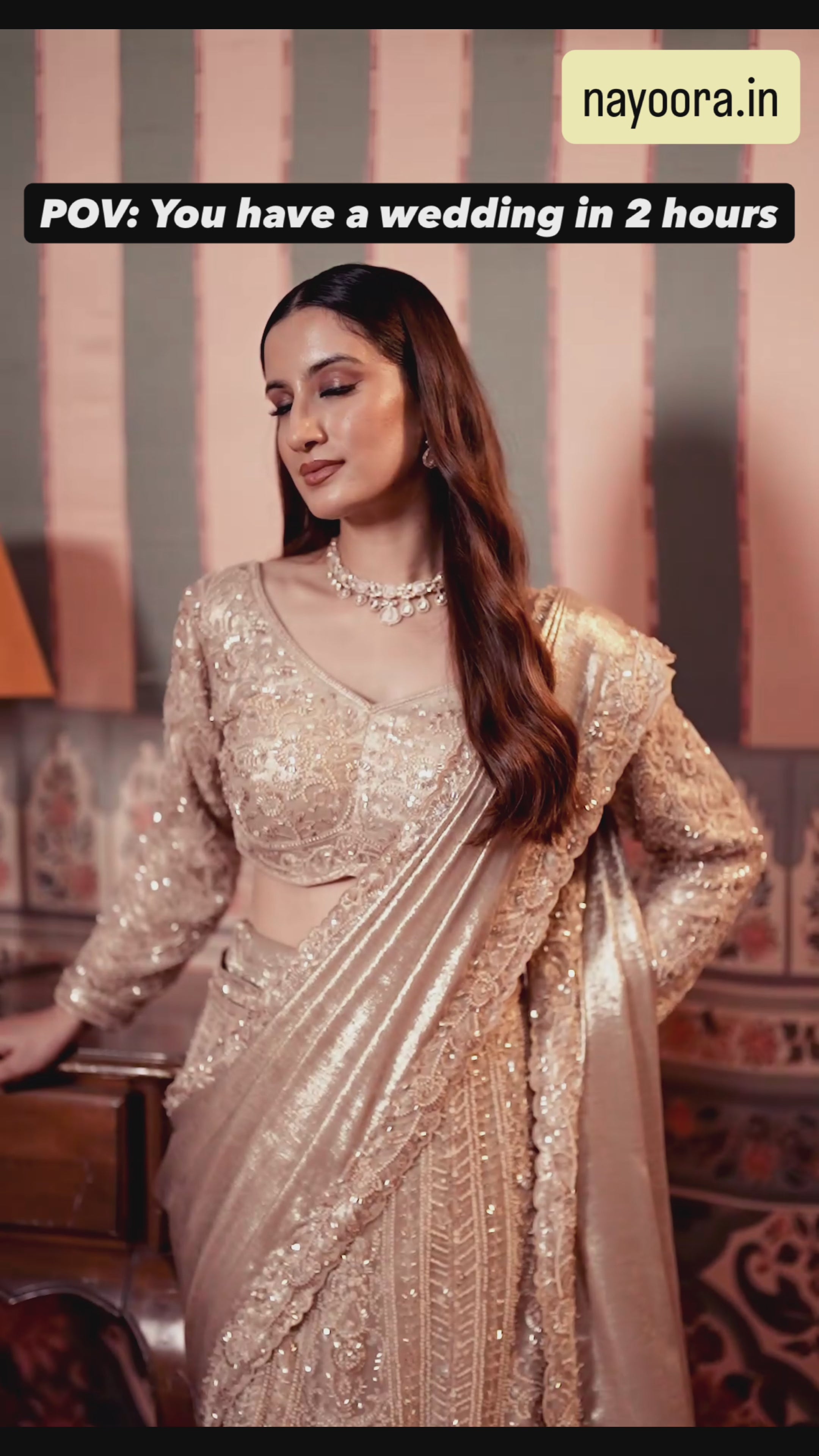 Nayoora Luxe Metallic Champagne Gold Foil Satin Ready-to-Wear Lehenga Saree