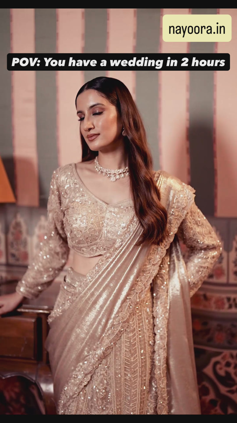Nayoora Luxe Metallic Champagne Gold Foil Satin Ready-to-Wear Lehenga Saree