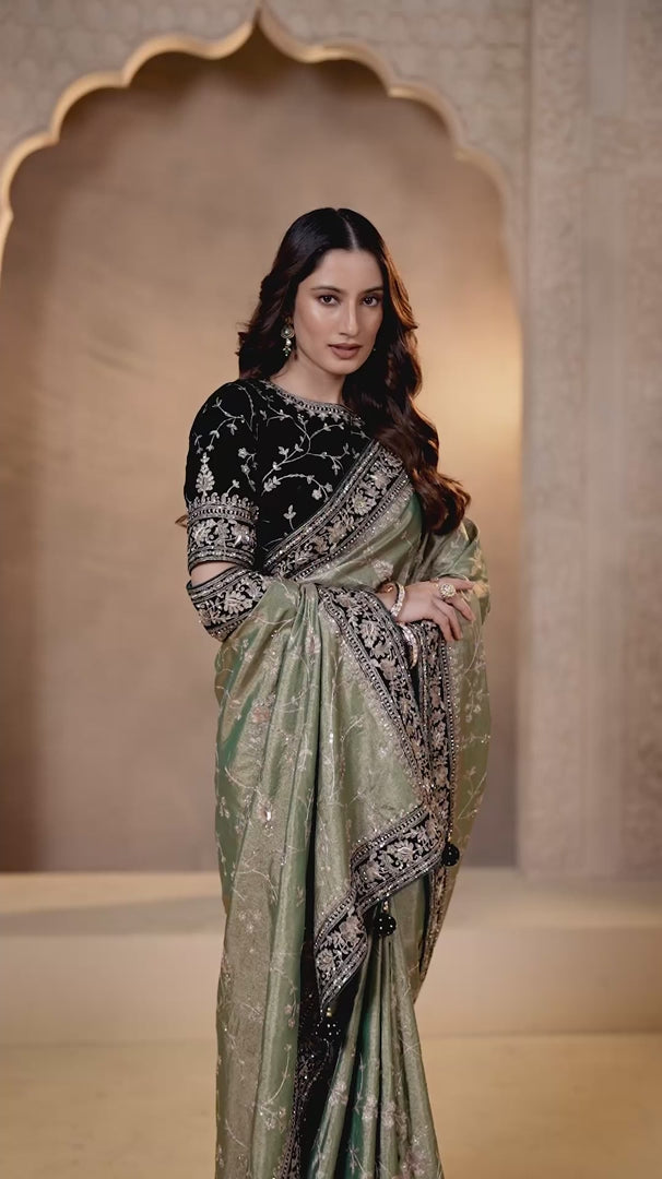 Nayoora Emerald Green Kora Zari Tissue Silk Saree with Handcrafted Zardozi