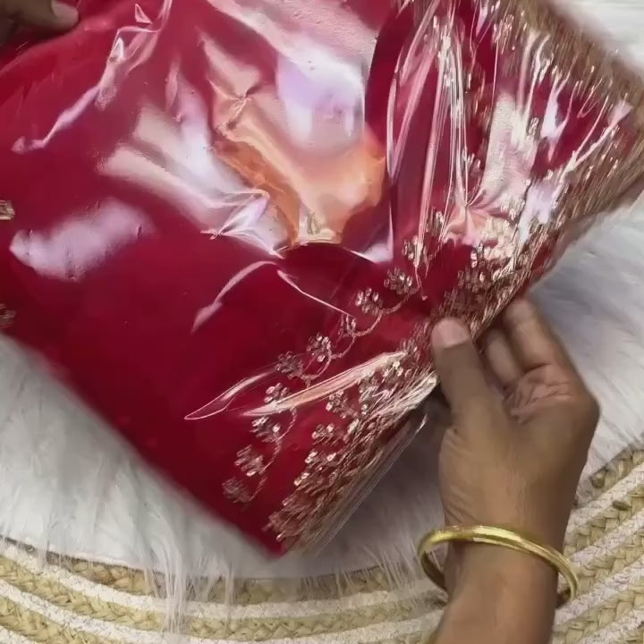 Nayoora Bridal Red Jimmy Choo Saree – Sequin Zari Work & Stitched Blouse