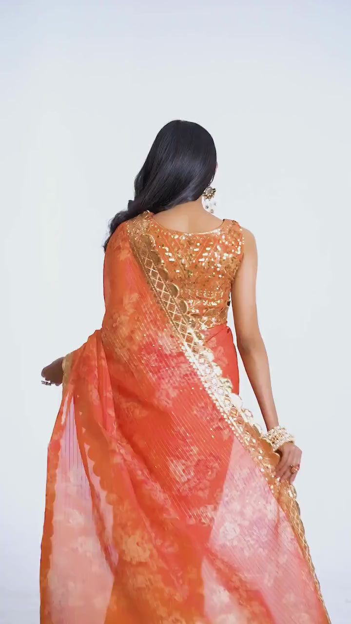 Nayoora Luxe Tangerine Orange Scalloped Sequin Organza Saree