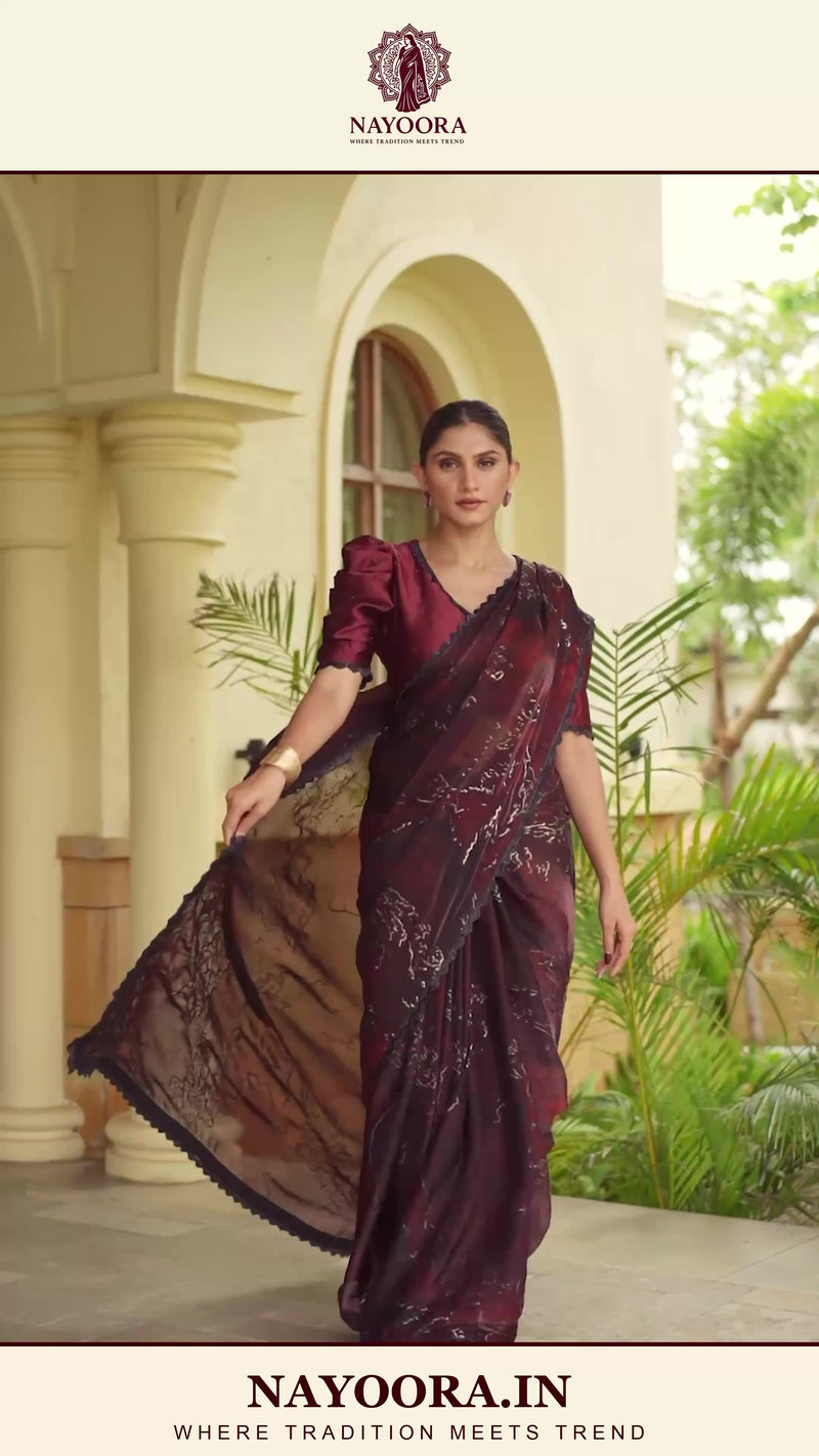 Nayoora Burgundy Noir Abstract Foil Satin Silk Cutdana Saree