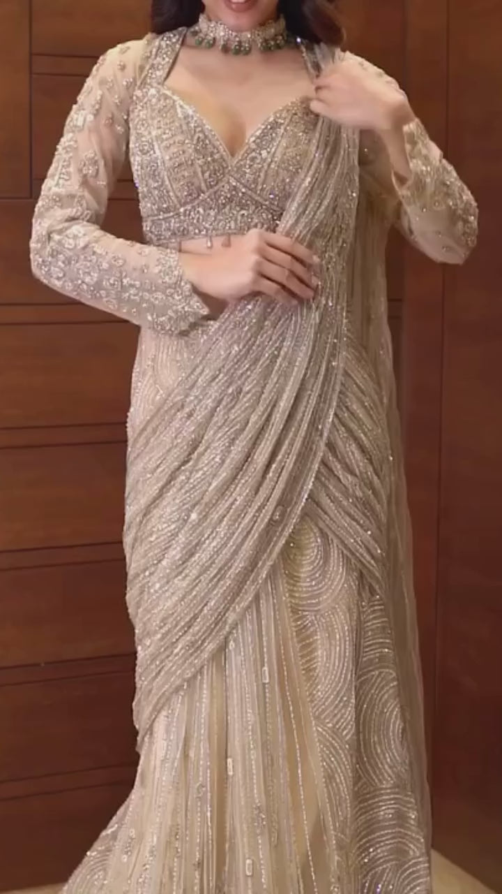 Nayoora Champagne Net Saree – Ready-to-Wear All-Over Sequin Work