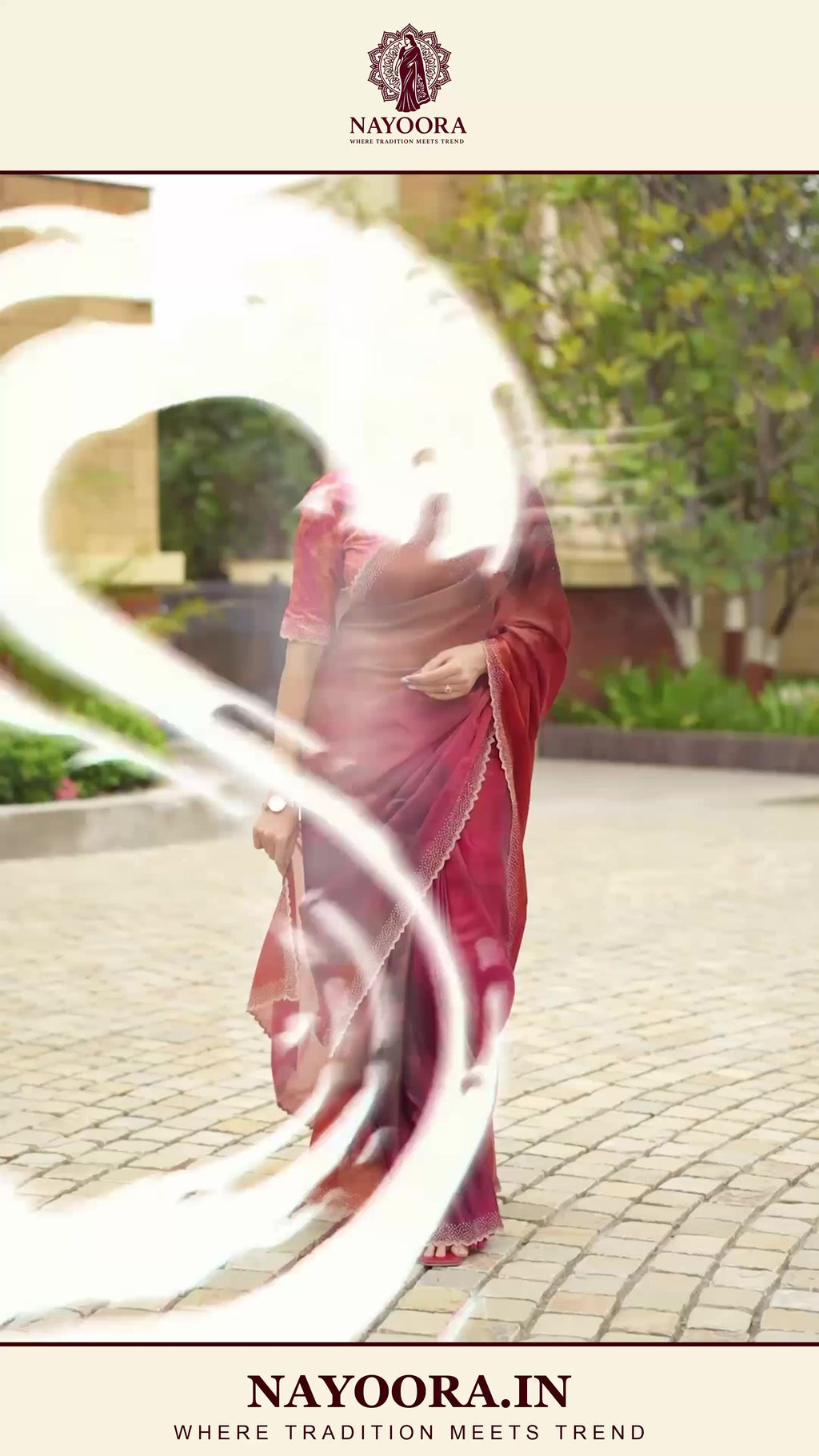 Nayoora Burgundy Rosewood Shimmer Two-Tone Satin Silk Saree