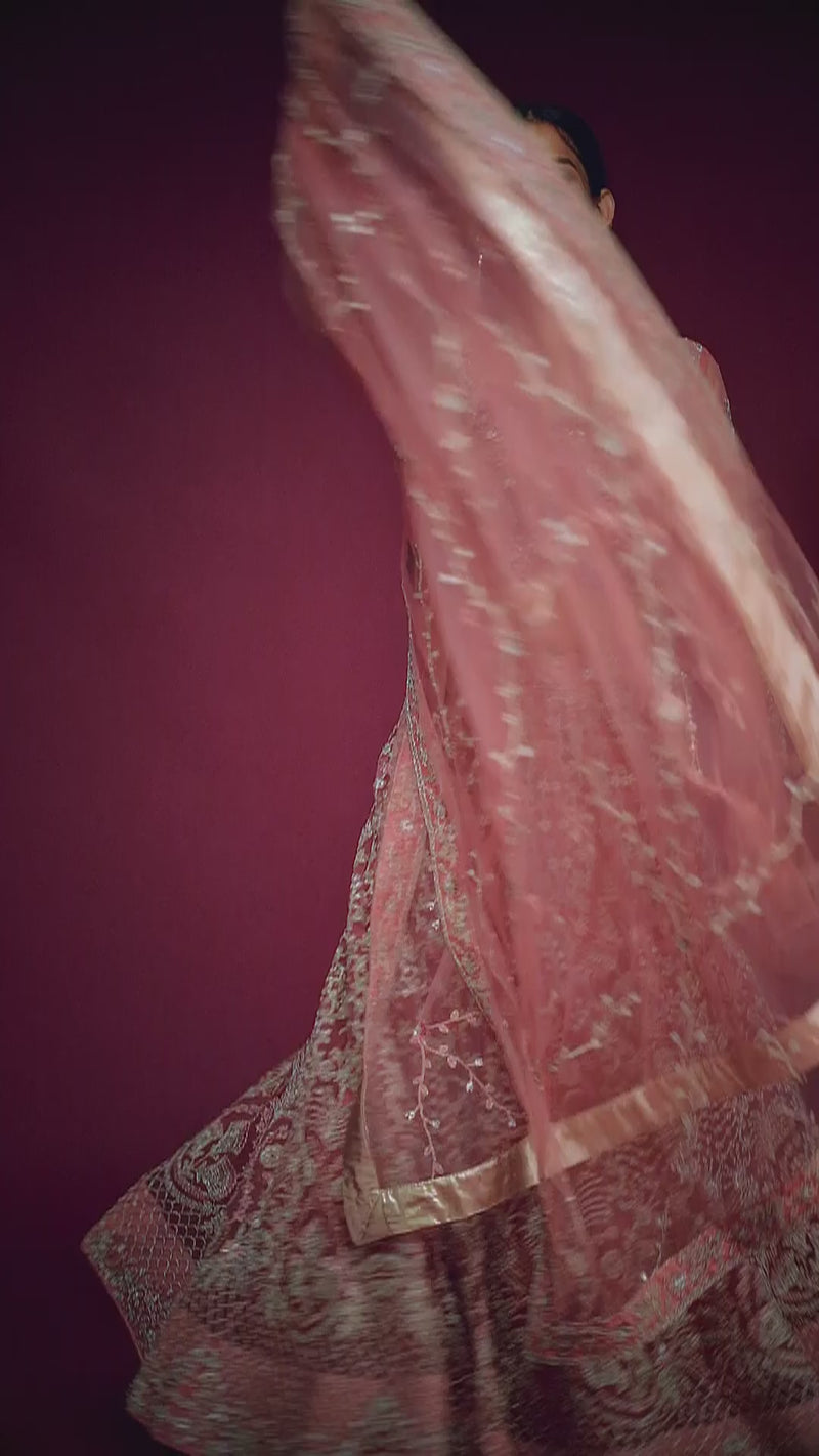 Nayoora Dusty Pink Net Lehenga – Heavy Dori & Zari Embroidery