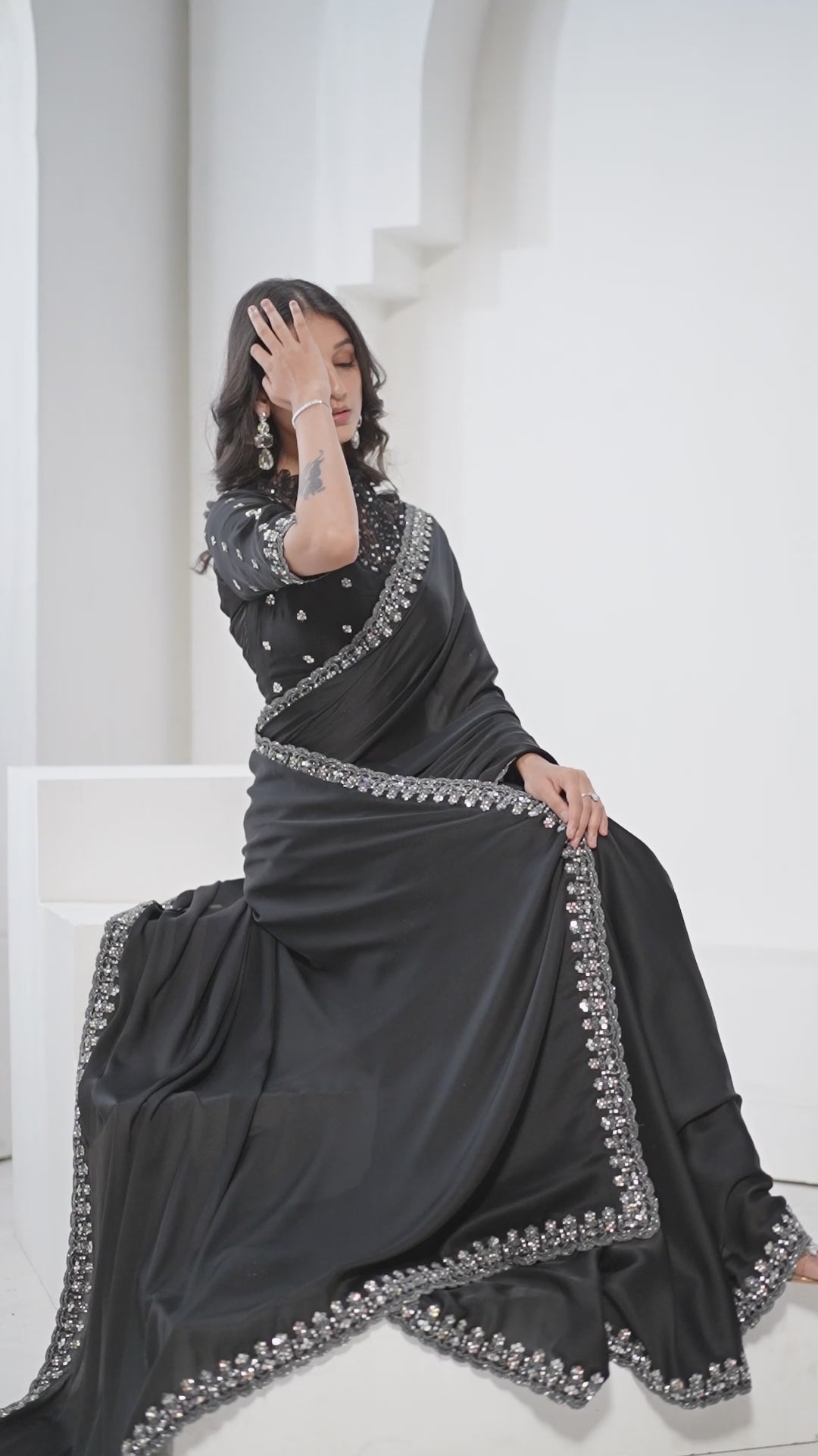 Nayoora Luxe Midnight Black Satin Silk Sequined Saree