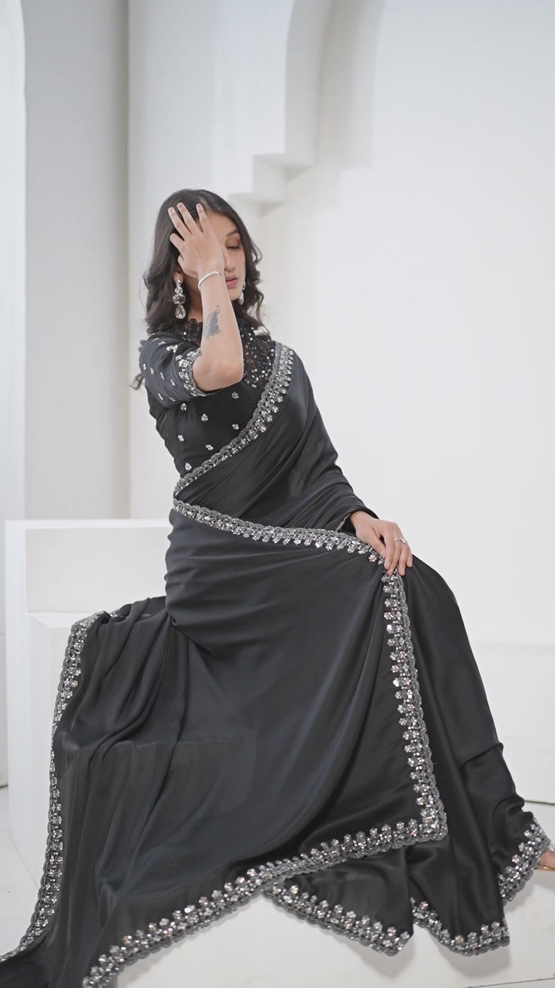 Nayoora Luxe Midnight Black Satin Silk Sequined Saree