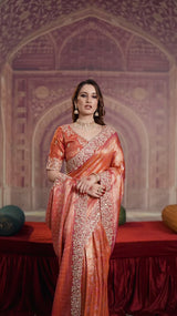 Nayoora Luxe Metallic Coral Pink Scalloped Kanjivaram Silk Saree