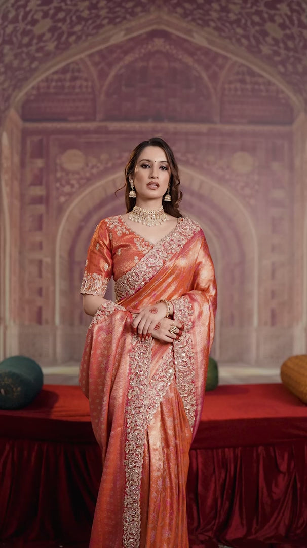 Nayoora Luxe Metallic Coral Pink Scalloped Kanjivaram Silk Saree