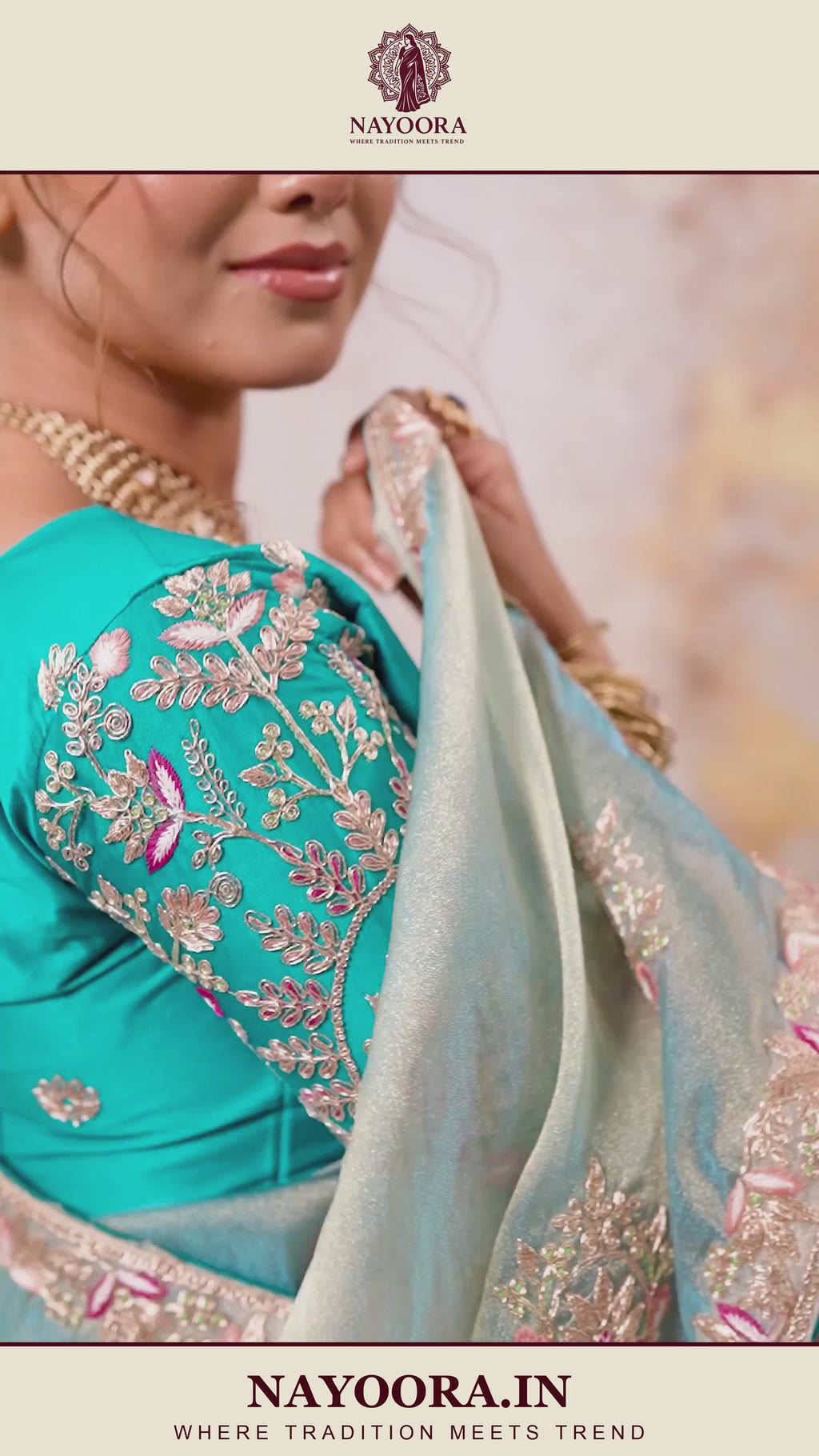 Nayoora Powder Blue Metallic Tissue Pita Zari Embroidered Saree