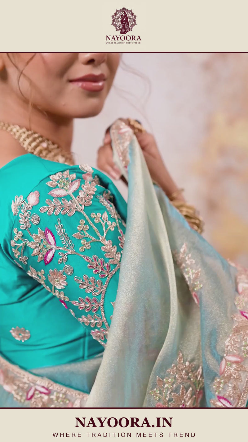 Nayoora Powder Blue Metallic Tissue Pita Zari Embroidered Saree
