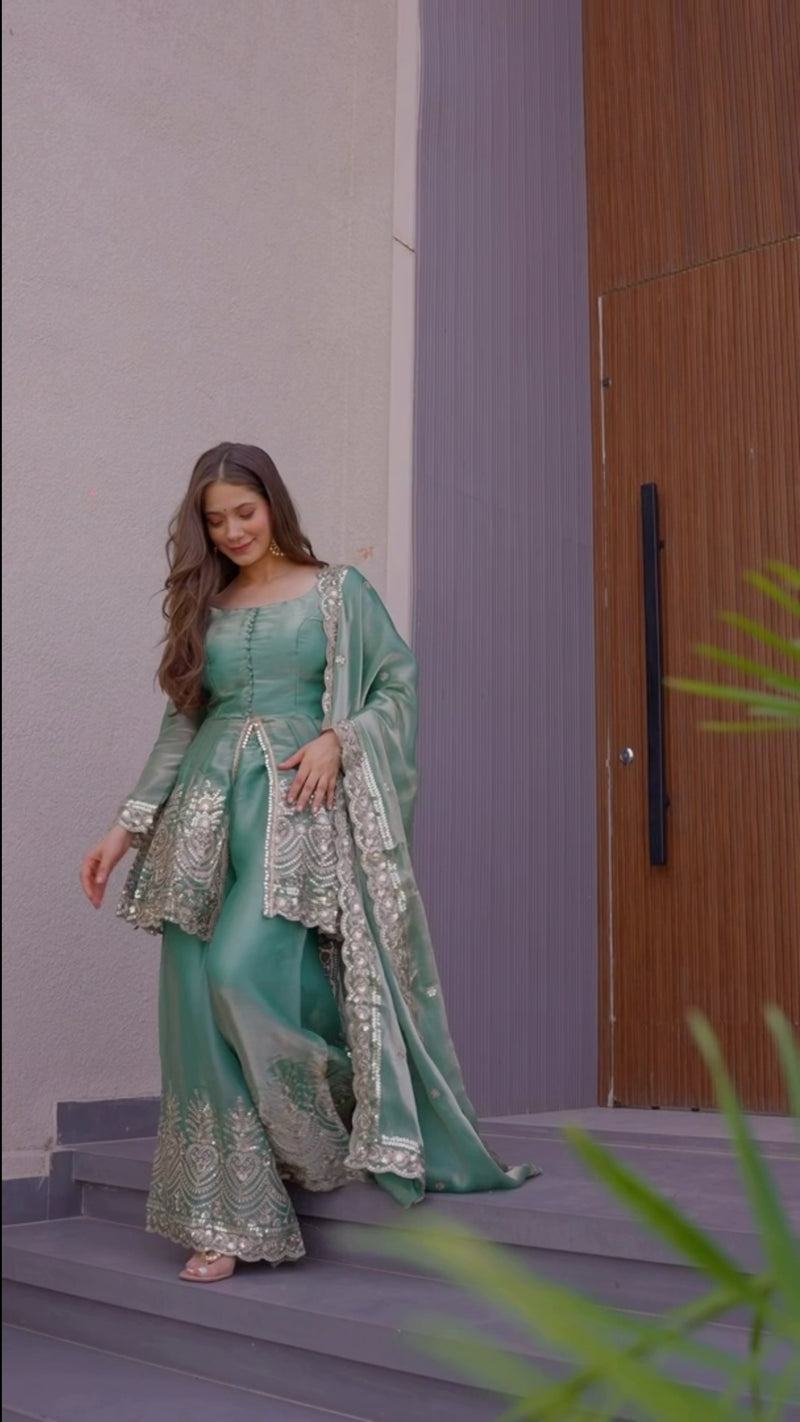 Nayoora Firozi Mirror-Embroidered Satin Sharara Suit | Designer Wedding Sharara Set