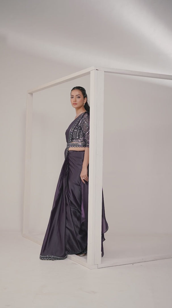 Nayoora Luxe Royal Aubergine Purple Metallic Tissue Silk Ready-to-Wear Saree Set