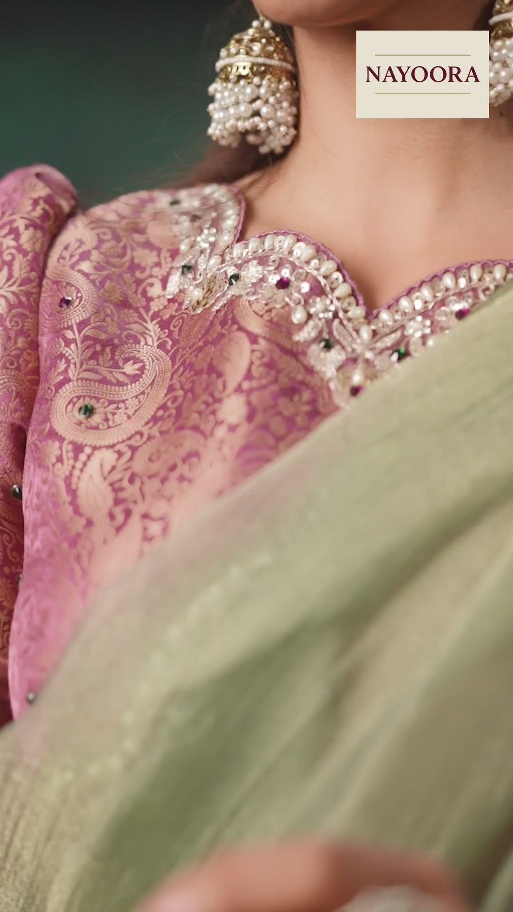 Nayoora Sage Green Organza Satin Saree with Embroidered Blouse