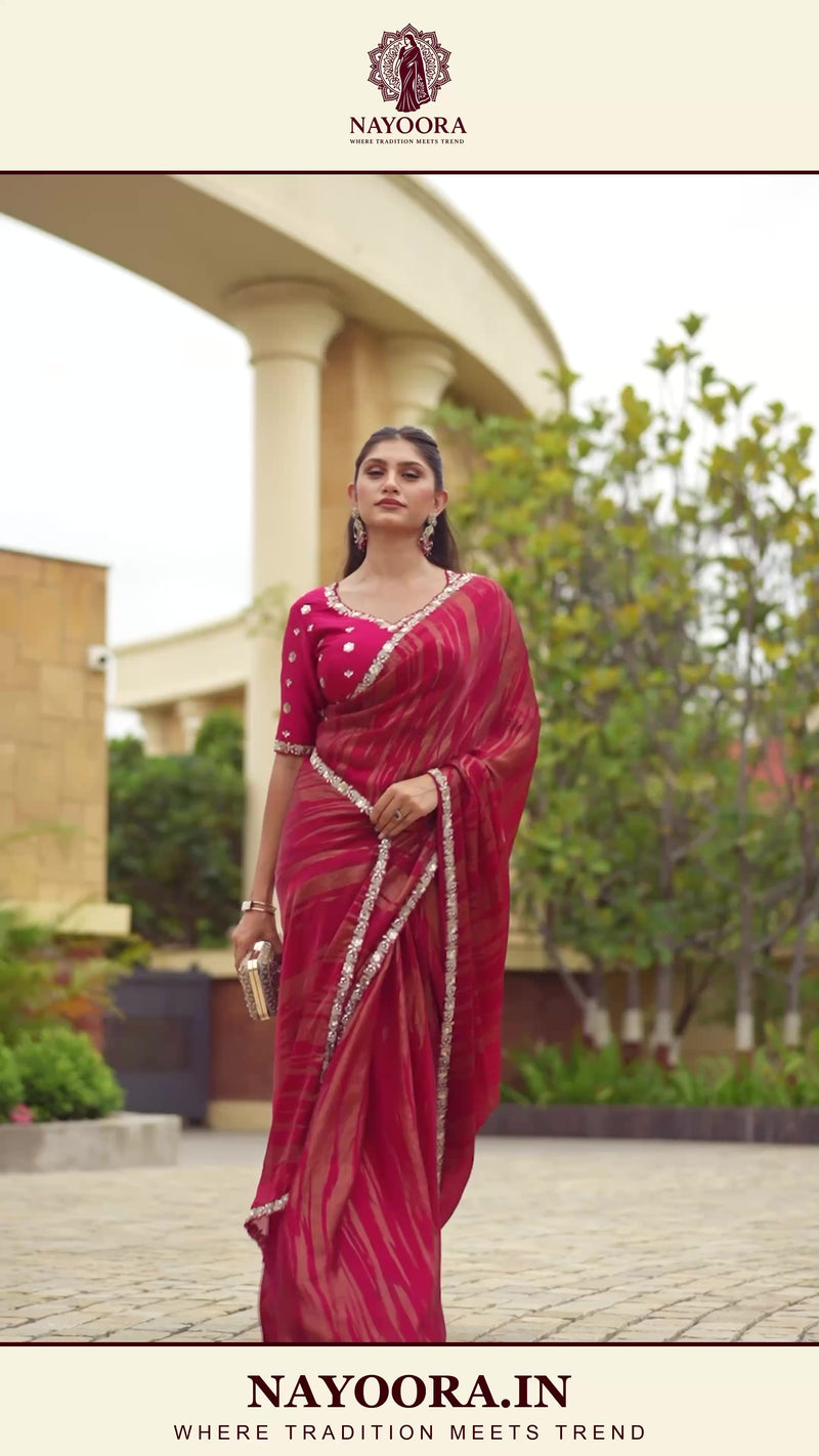 Nayoora Ruby Wine Metallic Foil Satin Silk Embellished Saree
