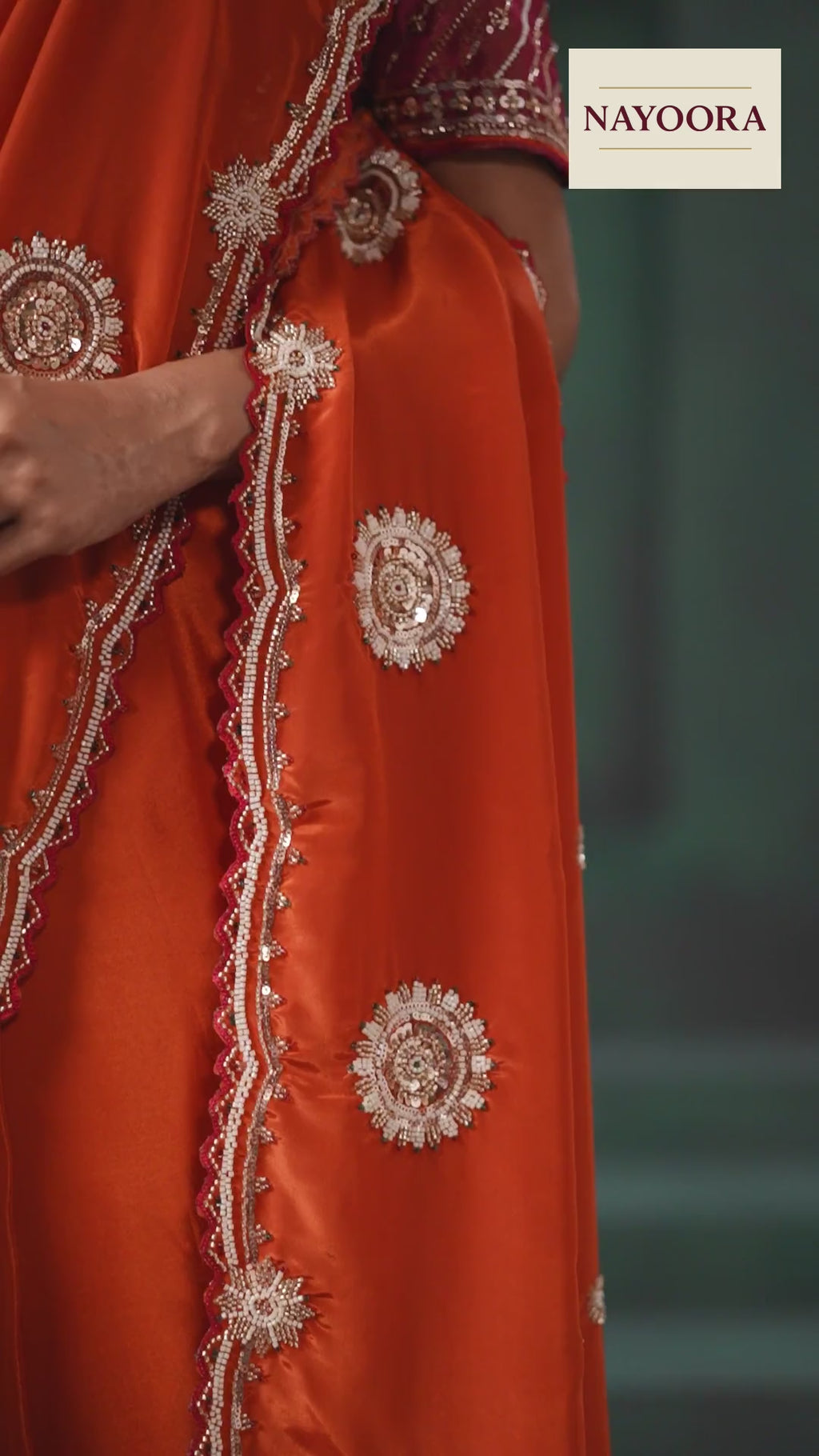 Nayoora Rust Orange Pure Crepe Satin Saree with Embroidered Blouse