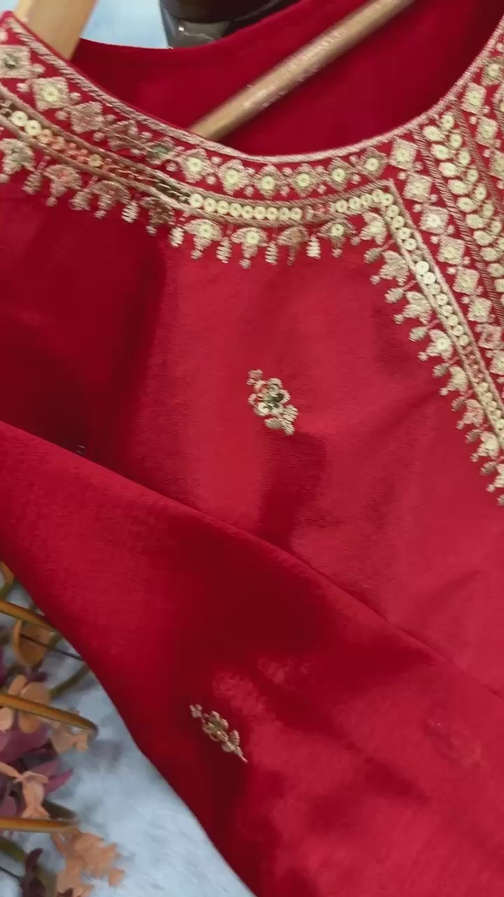 Nayoora Crimson Chinon Embroidered Palazzo Suit