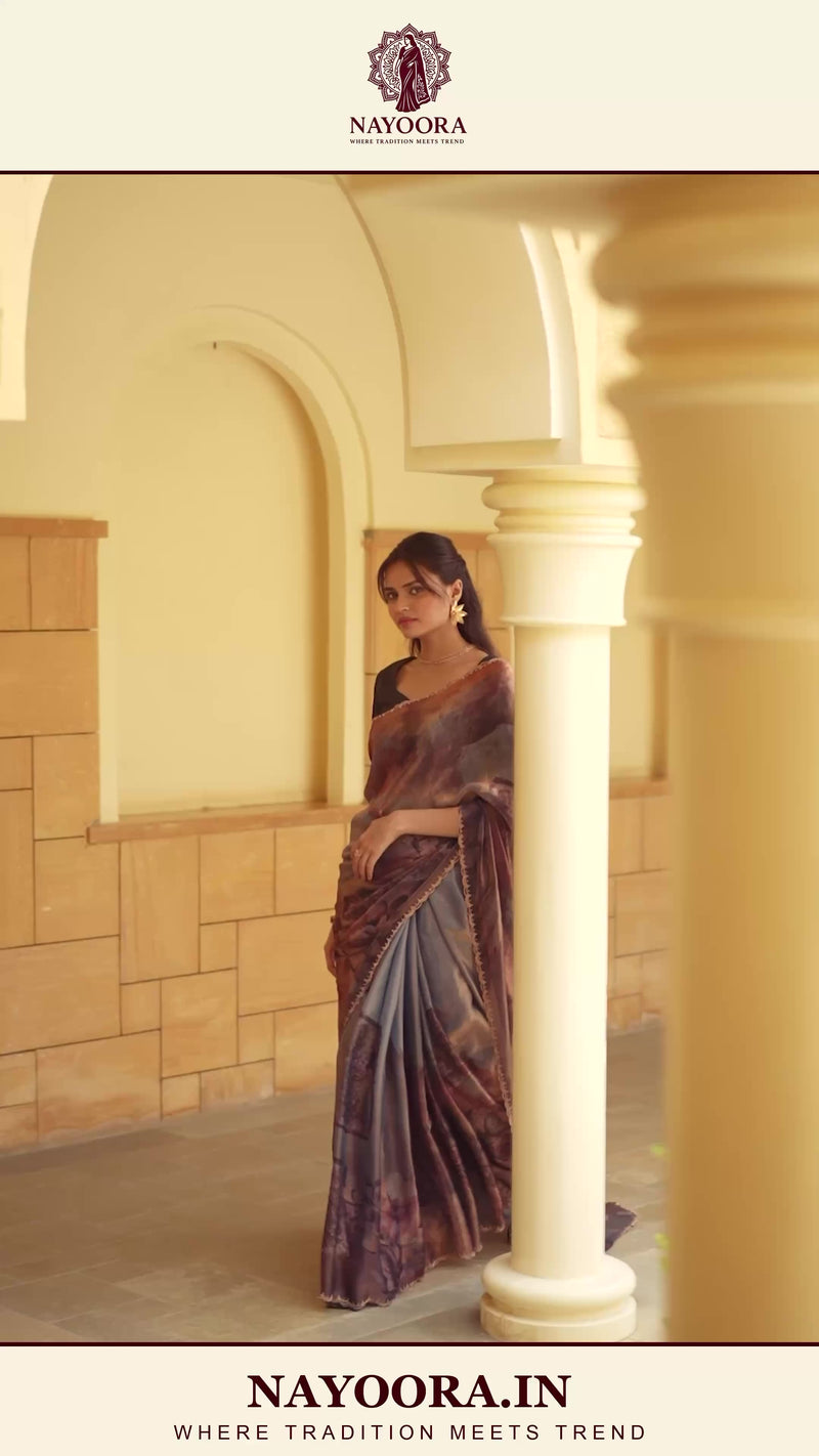 Nayoora Slate Grey Mauve Abstract Satin Silk Swarovski Saree