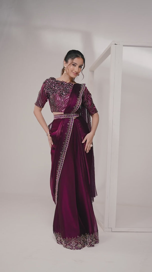 Nayoora Luxe Deep Wine Berry Sequin Wave Ready-to-Wear Saree Set