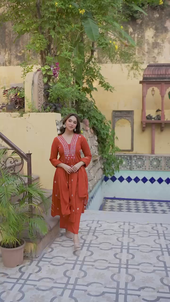 Nayoora Rust Orange Cotton Suit Set – Fine Resham Handwork & Tassels