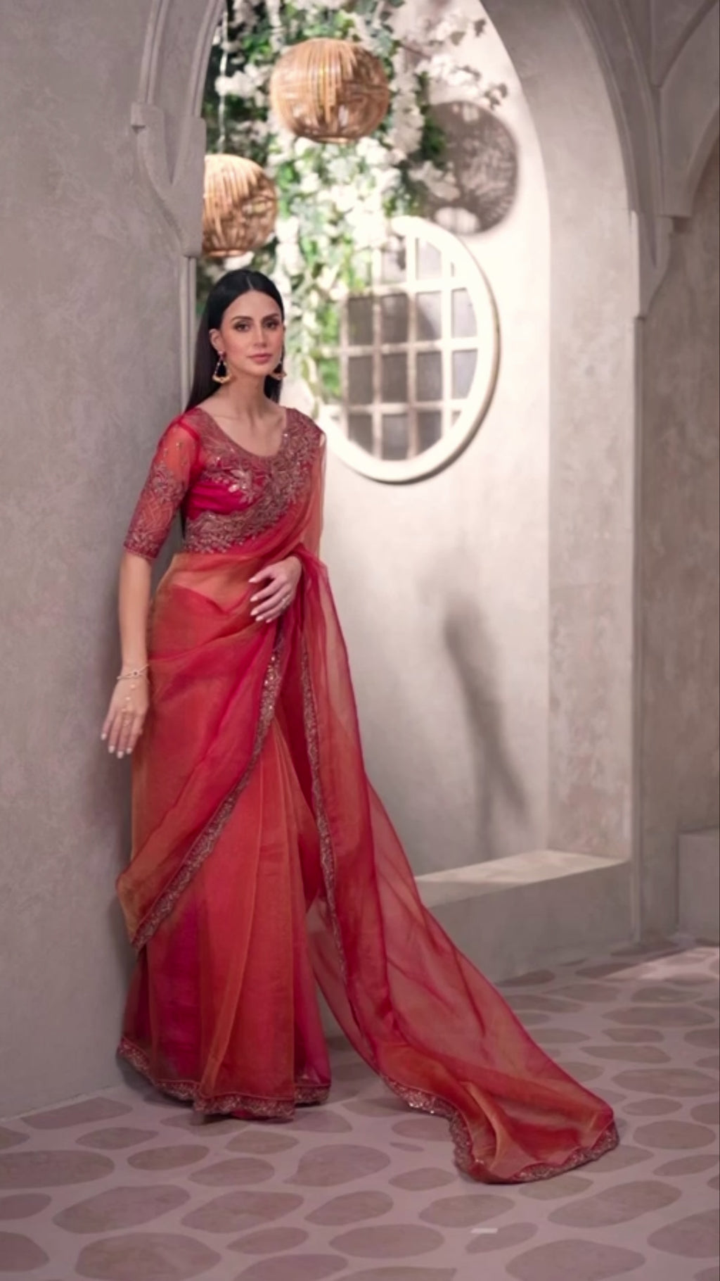 Nayoora Coral Red Designer Party Wear Fancy Saree