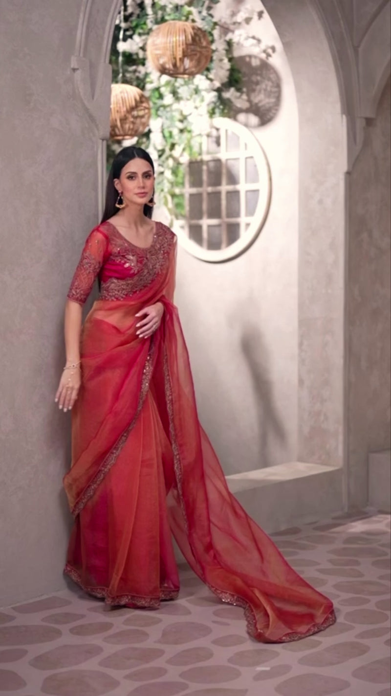 Nayoora Coral Red Designer Party Wear Fancy Saree