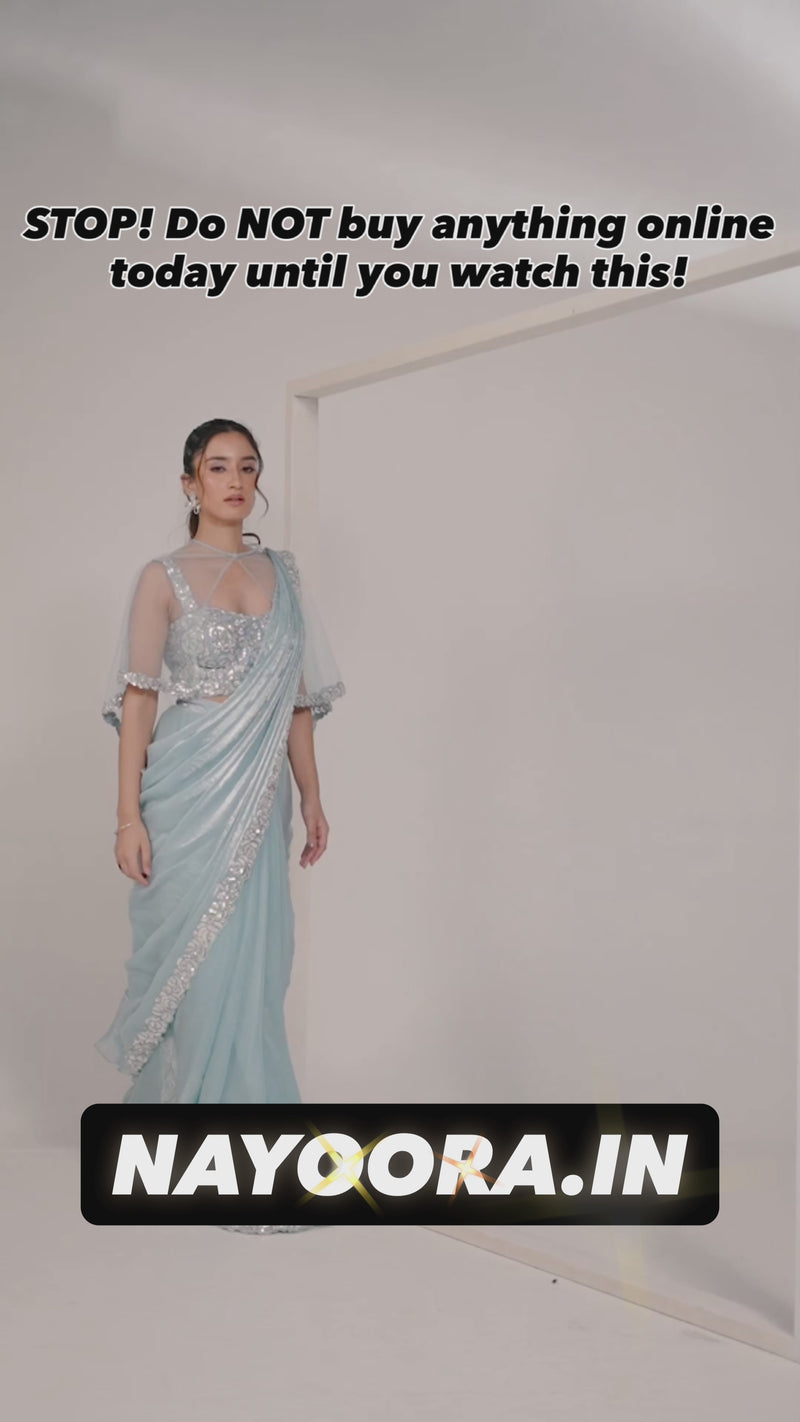 Nayoora Luxe Ice Blue Tissue Silk Ready-to-Wear Cape Saree Set