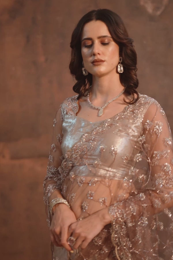 Nayoora Champagne Gold Foil Satin Net Saree