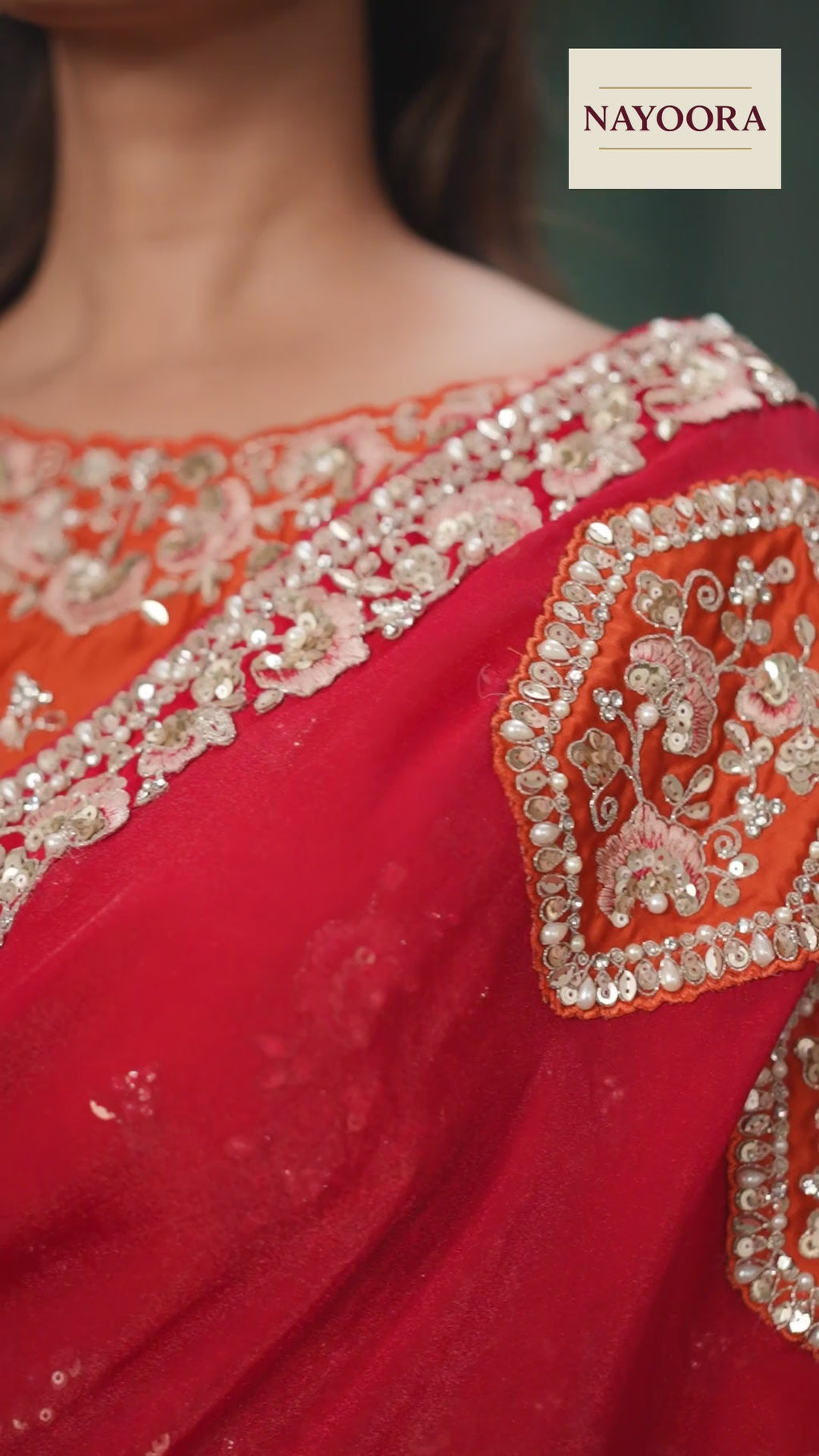 Nayoora Red Lustrous Satin Silk Saree with Embroidered Blouse