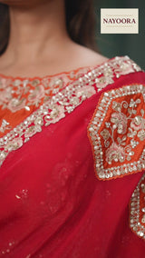 Nayoora Red Lustrous Satin Silk Saree with Embroidered Blouse