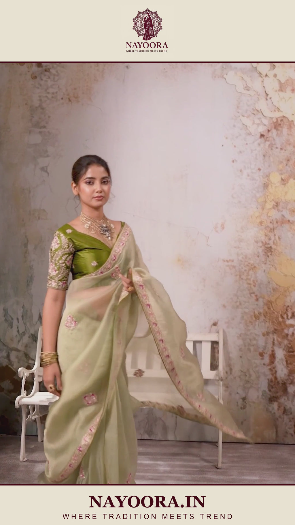 Nayoora Sage Green Metallic Tissue Pita Zari Embroidered Saree
