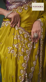 Nayoora Olive Mustard Pure Crepe Satin Saree with Embroidered Blouse