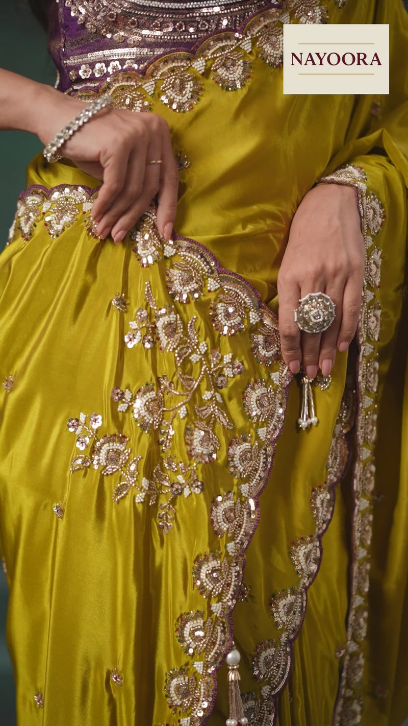 Nayoora Olive Mustard Pure Crepe Satin Saree with Embroidered Blouse
