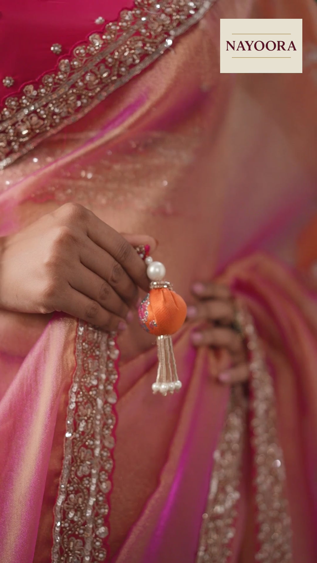 Nayoora Peach Pink Zari Organza Satin Saree with Embroidered Blouse
