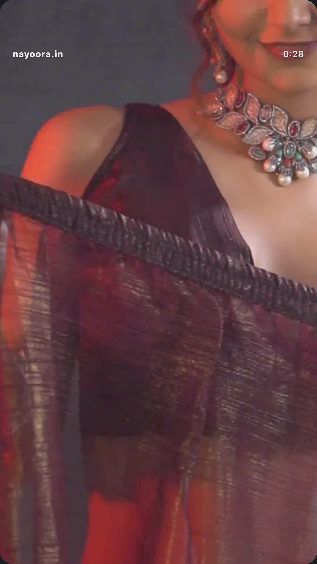 Nayoora Brown Gold Satin Chiffon Readymade Saree – Elegant Pre-Stitched Drape & Glossy Designer Finish