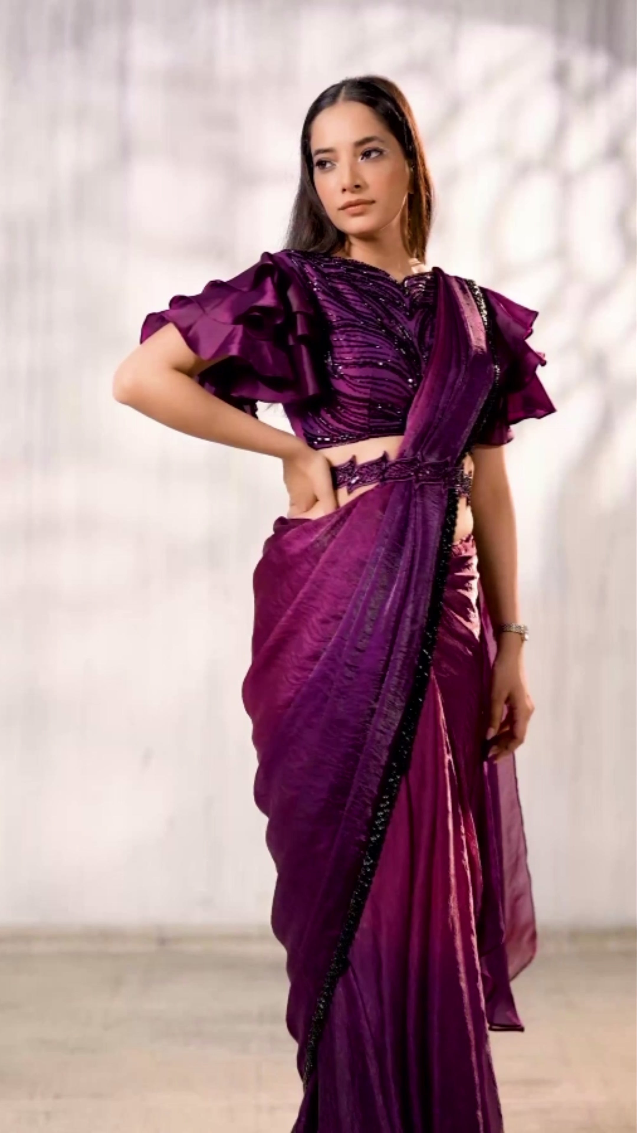 Nayoora Wine Satin Silk Ready-to-Wear Saree