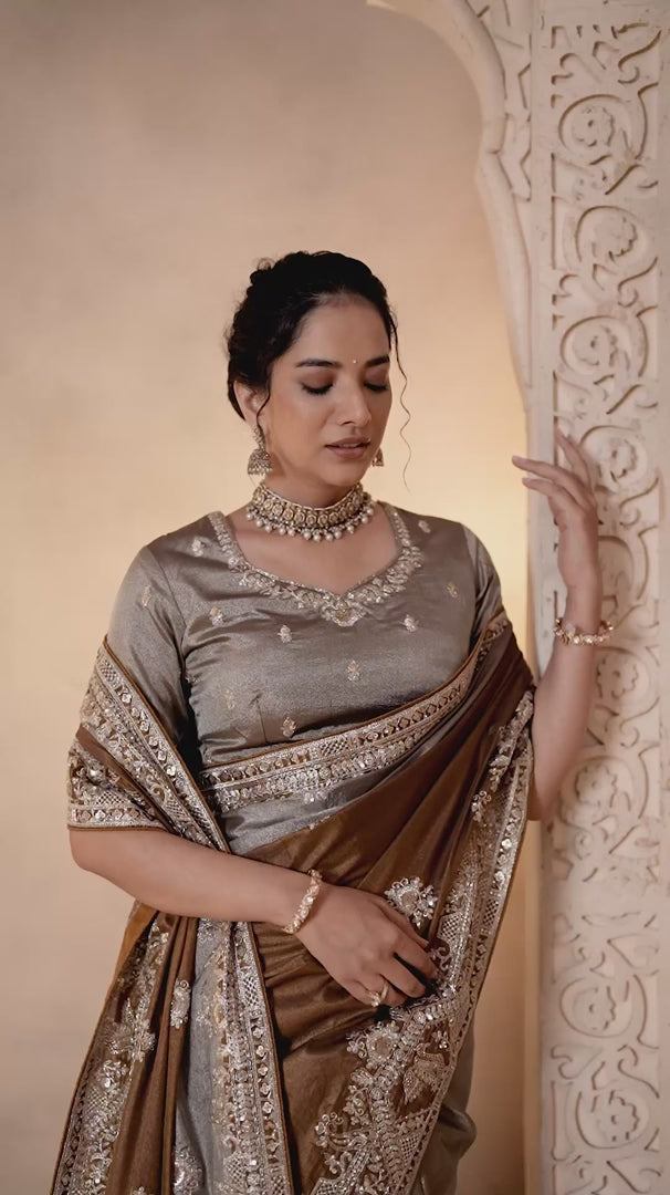 Nayoora Luxe Grey Bronze Embroidered Silk Saree